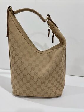 Gucci Beige Monogram Hobo Shoulder Bag with Leather Trim